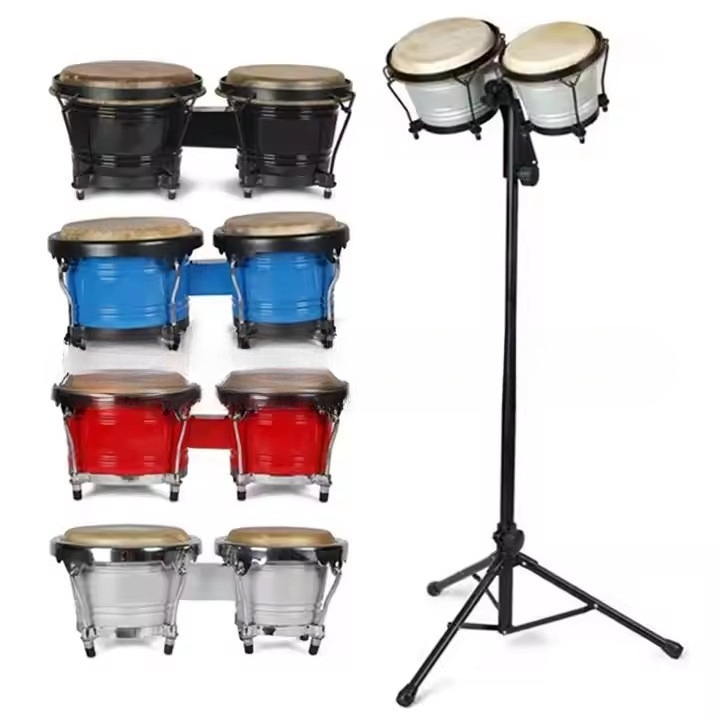 Bongo Drum Set - プロ仕様ボンゴタンバリン スタンドセット付き ドラムセット 高さ調整可能 アフリカ楽器アクセサリー マルチカラー