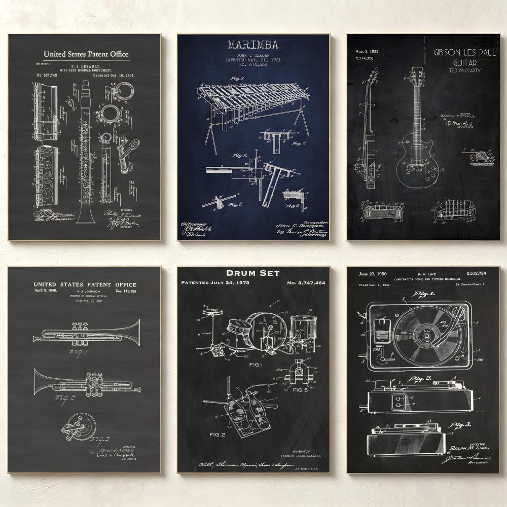Musical Instrument In Drawing - アート楽器デザイン図面ポスター絵画ウォールアート家の装飾プリントリビングルームの装飾ゲームルーム用ホット